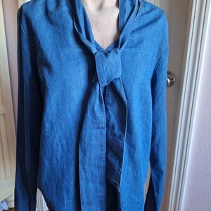 Crown & Ivy Chambray Tie-Neck Top